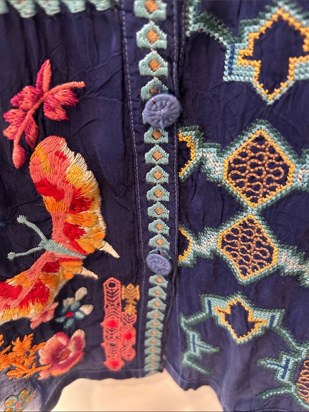 Johnny Was Navy Embroidered Floral & Bird Tunic - Picture 5 of 6